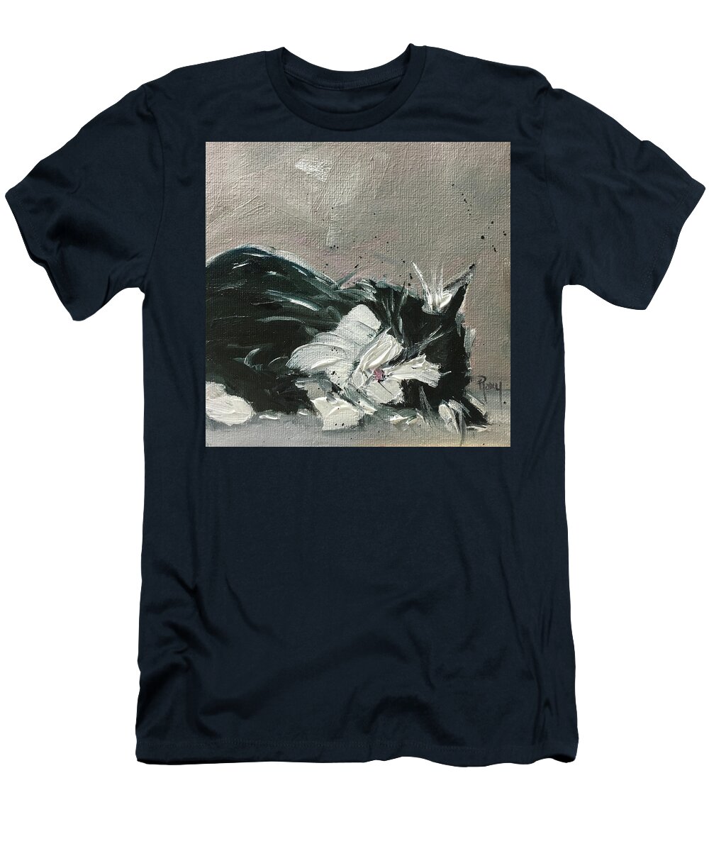 Black And White Cat T-Shirt featuring the painting Cat Nap by Roxy Rich