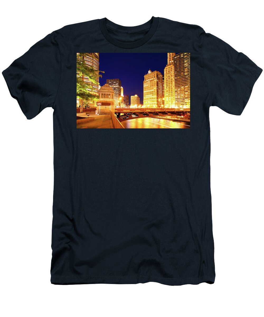 Chicago Skyline T-Shirt featuring the photograph Chicago Skyline River Bridge Night by Patrick Malon