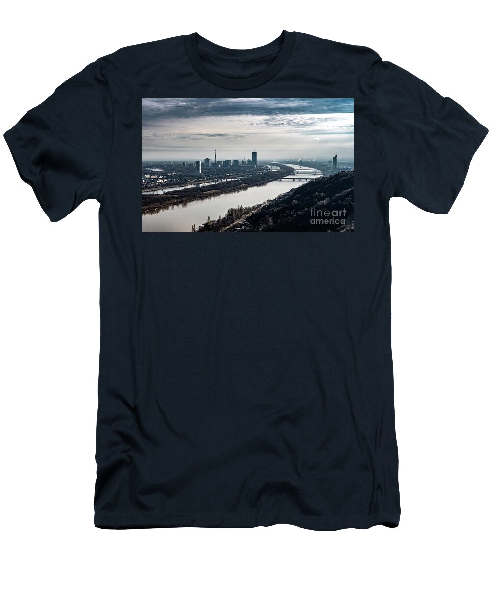 Aerial T-Shirt featuring the photograph City Of Vienna With Suburbs And River Danube In Austria by Andreas Berthold