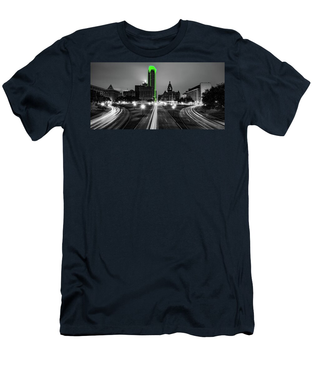 Dallas Skyline T-Shirt featuring the photograph Dallas Skyline Panorama Over Dealey Plaza in Selective Color by Gregory Ballos
