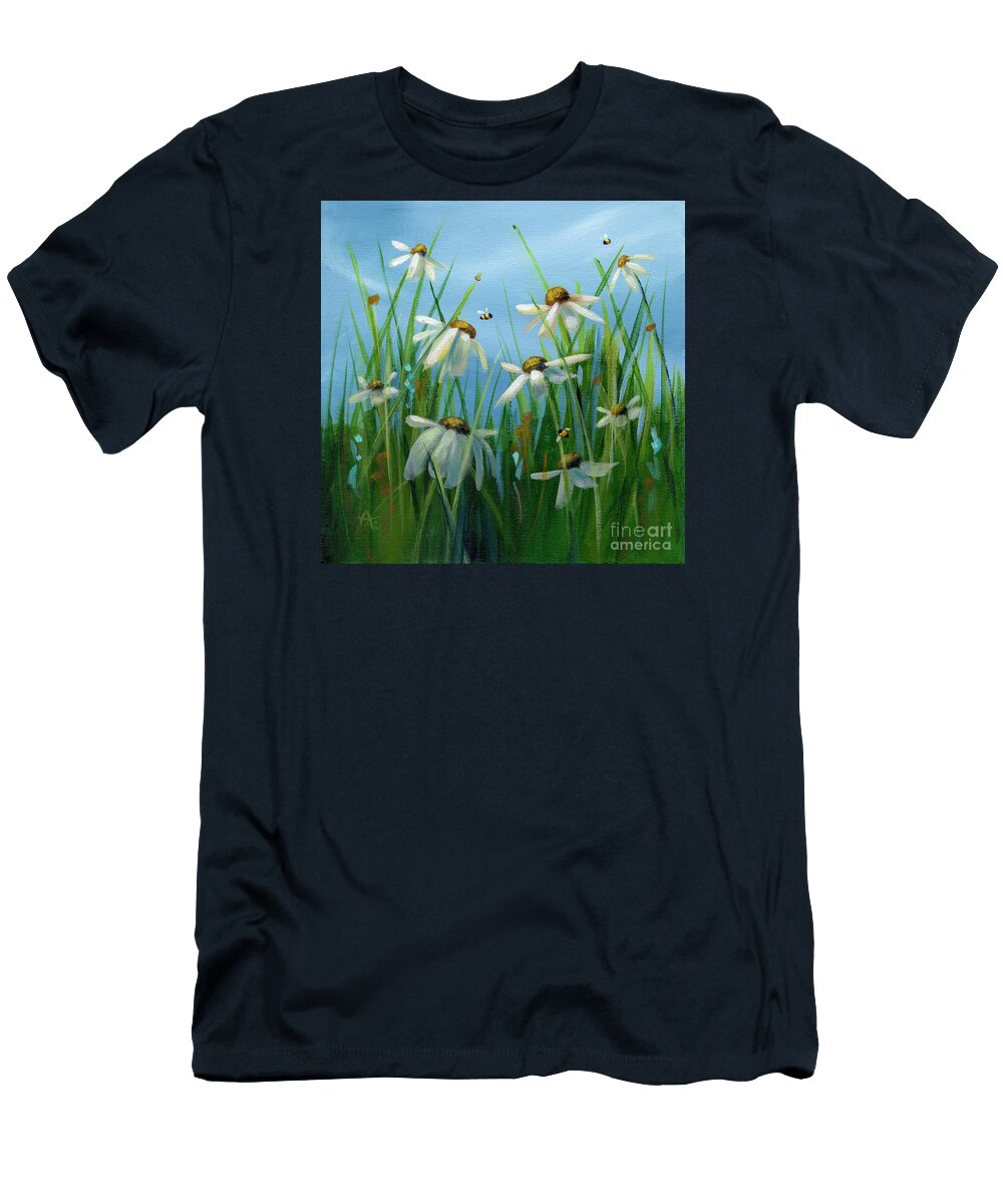 Daisies T-Shirt featuring the painting Dancing Daisies - with Bumblebee by Annie Troe