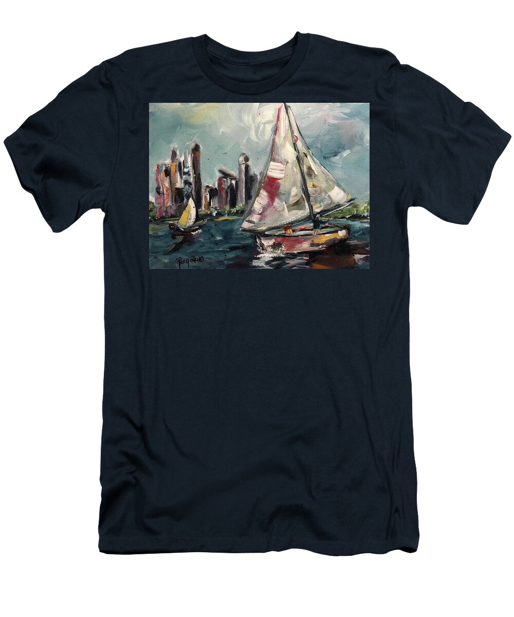 Sailboats T-Shirt featuring the painting Daytime Sailing Chicago by Roxy Rich
