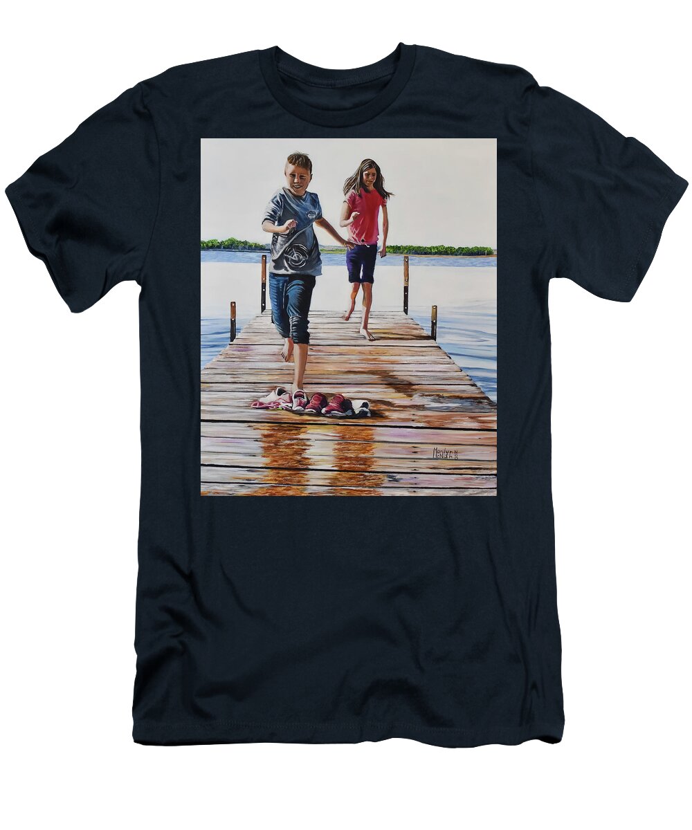 Noble Lake T-Shirt featuring the painting Dock Days by Marilyn McNish