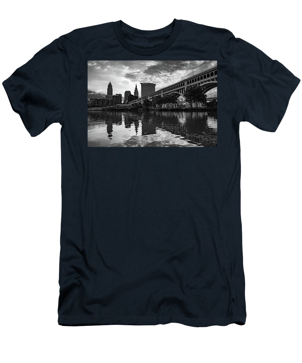 Cleveland Skyline T-Shirt featuring the photograph Downtown Cleveland Skyline - Grayscale Edition by Gregory Ballos
