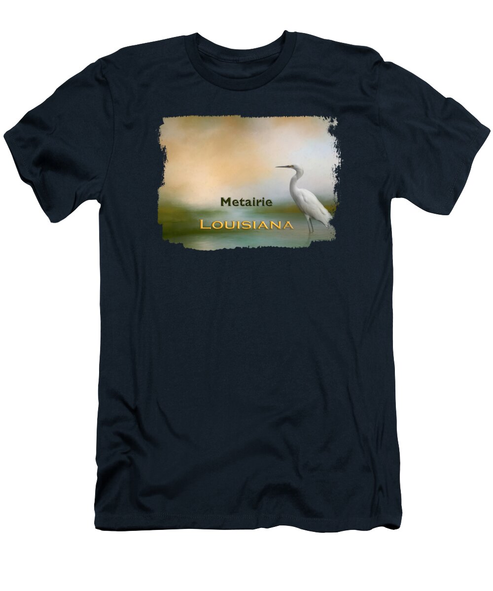 Metairie T-Shirt featuring the mixed media Egret Metairie LA by Elisabeth Lucas
