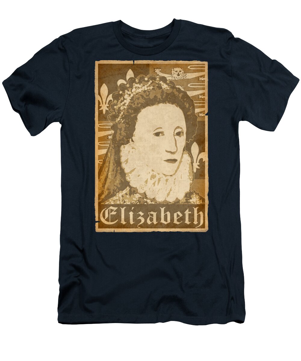 Elizabeth T-Shirt featuring the digital art Elizabeth Queen Of England Propaganda Poster Pop Art by Filip Schpindel