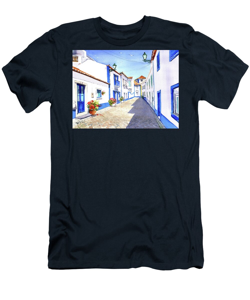Ericeira T-Shirt featuring the painting Ericeira Old Town Street Painting by Dora Hathazi Mendes