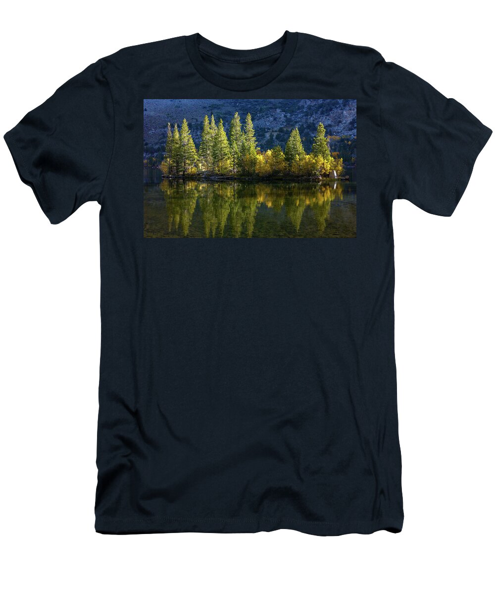 Dawn T-Shirt featuring the photograph Dawn - Fall Aspen Reflections - Silver Lake - June Lake Loop - Eastern Sierra by Bonnie Colgan