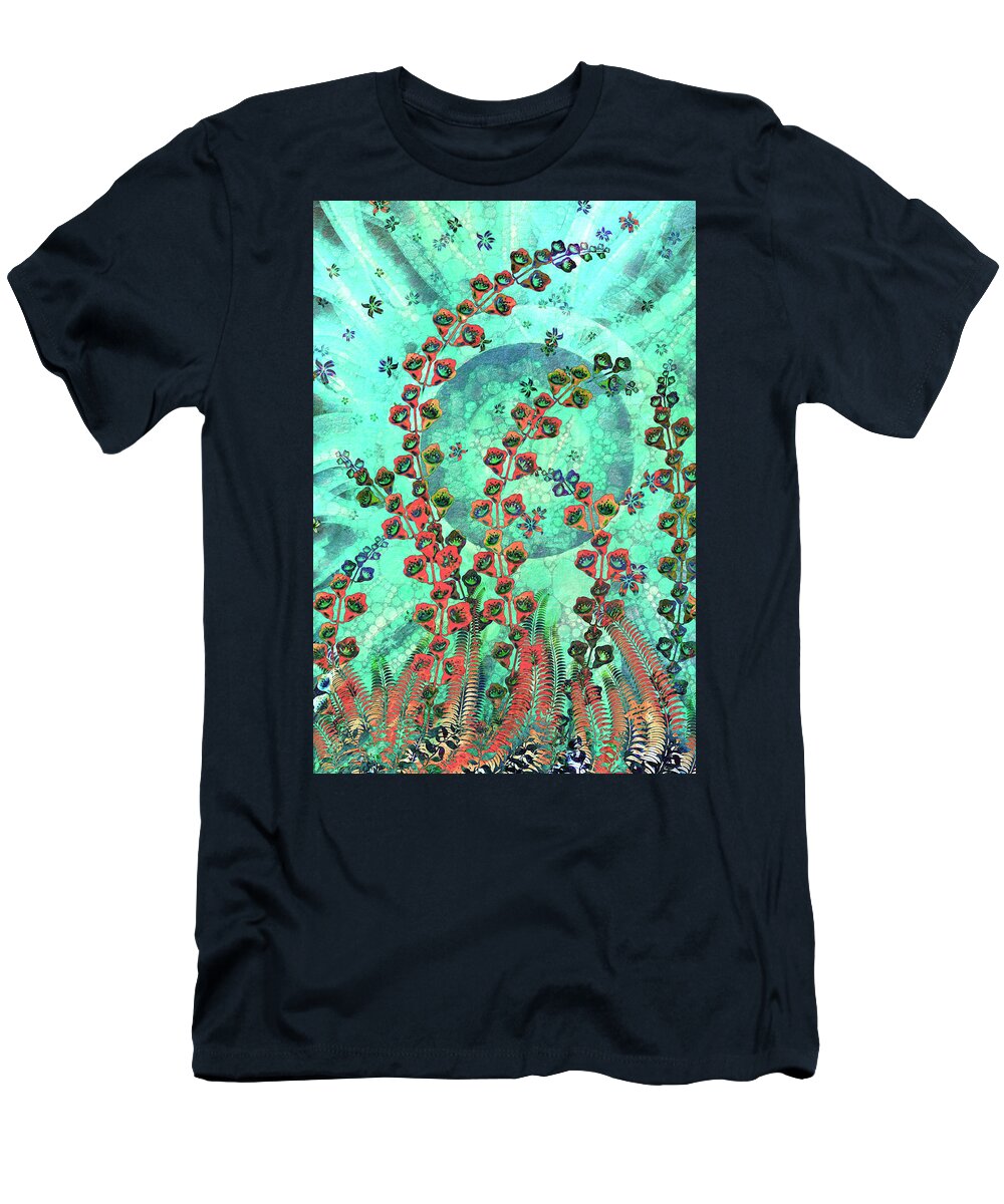 Ferns T-Shirt featuring the digital art Ferns and Foxgloves by Peggy Collins