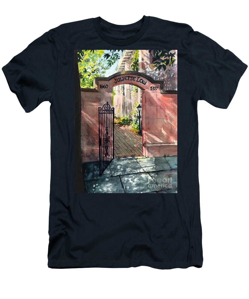 Savannah T-Shirt featuring the painting First Headquarters Gate Entrance by Merana Cadorette