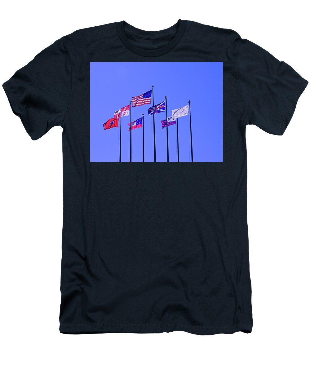America T-Shirt featuring the photograph Flags On A Blue Sky by David Desautel