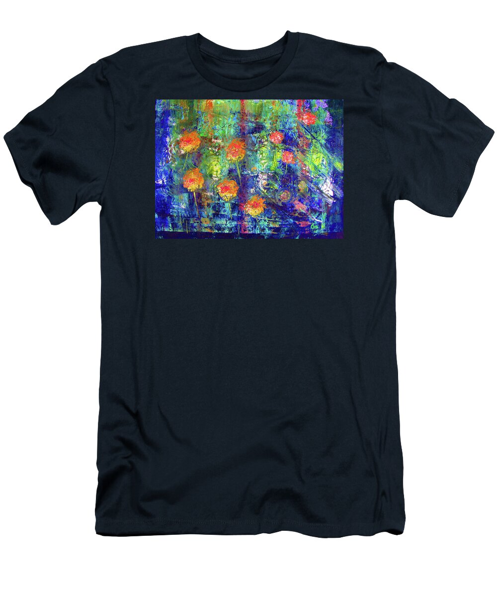 Flower T-Shirt featuring the painting Flowers Groovin' in Blue by Corinne Carroll