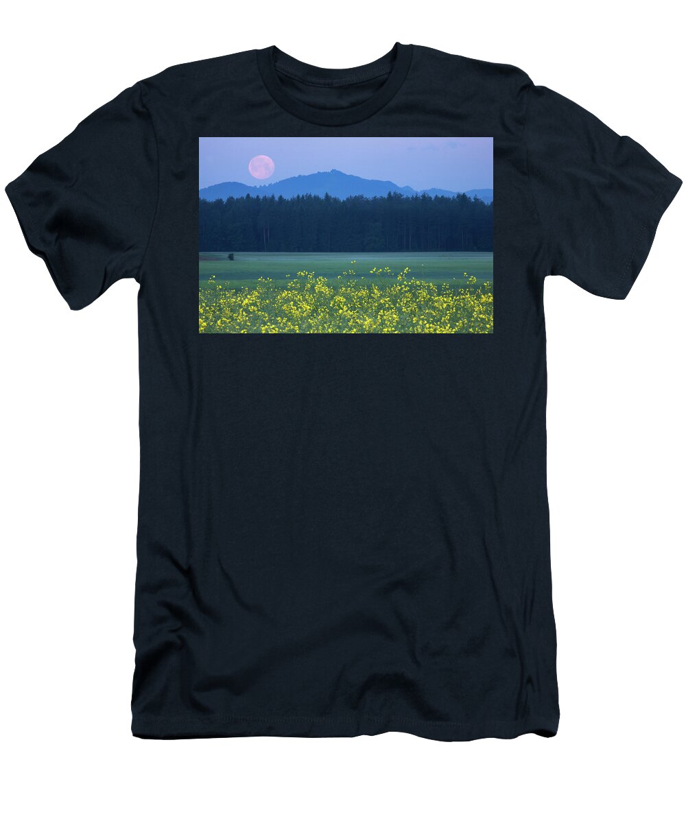 Full T-Shirt featuring the photograph Full Moon setting over mountains and rapeseed by Ian Middleton