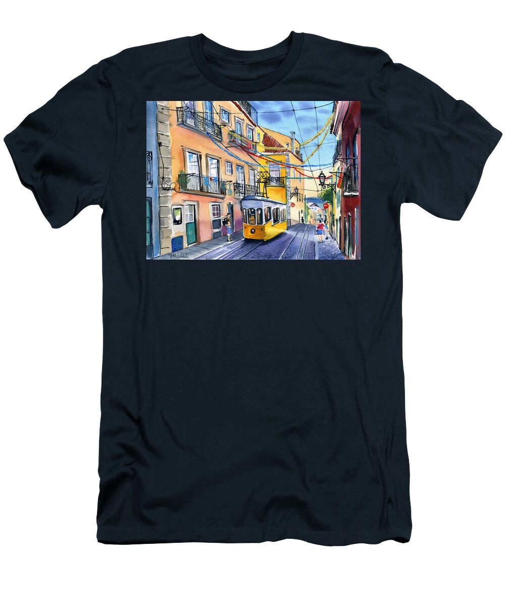 Portugal T-Shirt featuring the painting Funicular Bica in Lisbon by Dora Hathazi Mendes