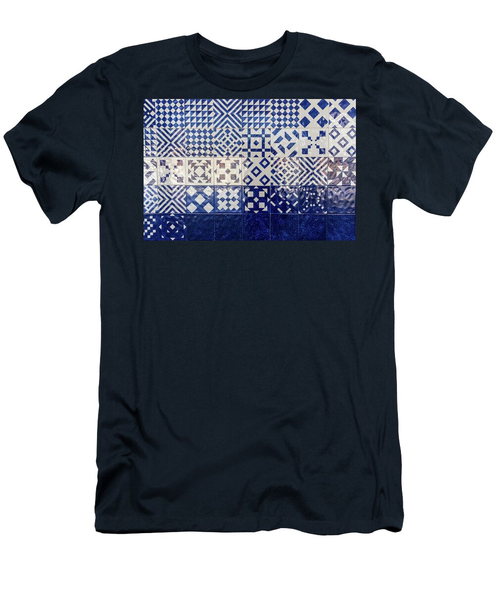 Glossy Azulejo T-Shirt featuring the photograph Glossy Modern Azulejos - Gleaming Geometric Patterns in Blue and White by Georgia Mizuleva