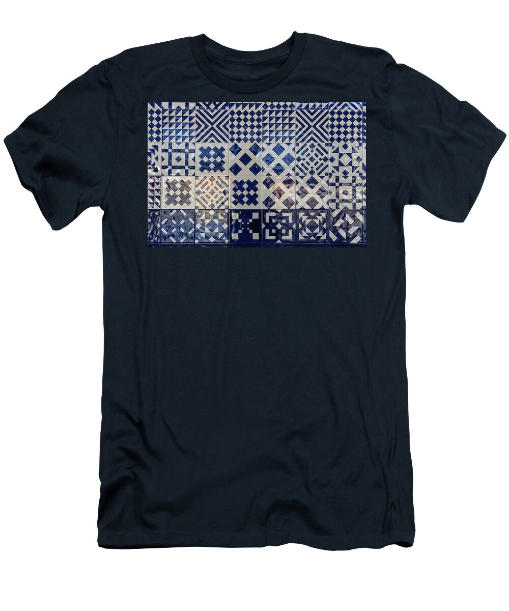 Glossy Azulejo T-Shirt featuring the photograph Glossy Modern Azulejos - Shimmering Geometric Patterns in White and Blue by Georgia Mizuleva