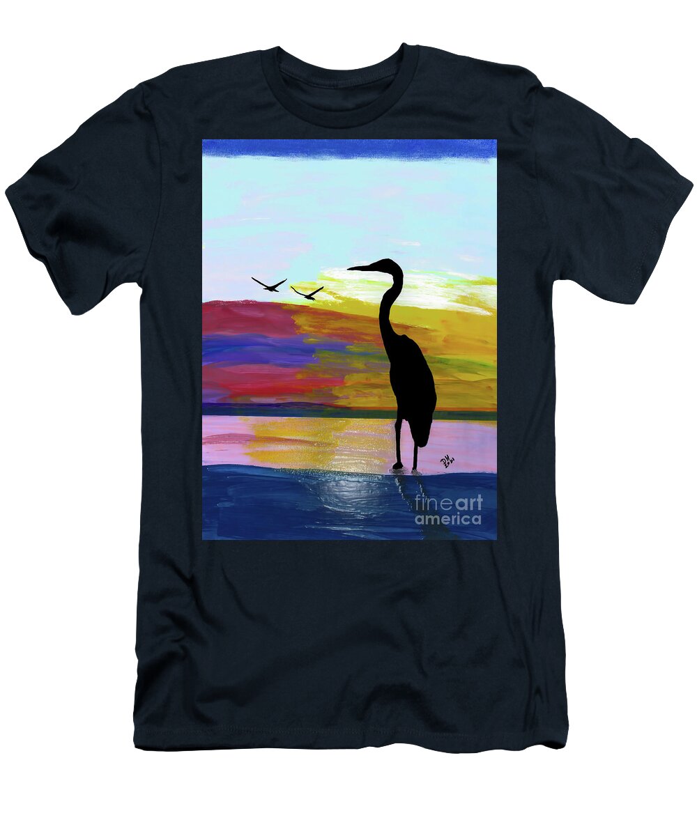 Sunset T-Shirt featuring the painting Heron On The Lake Sunset by D Hackett