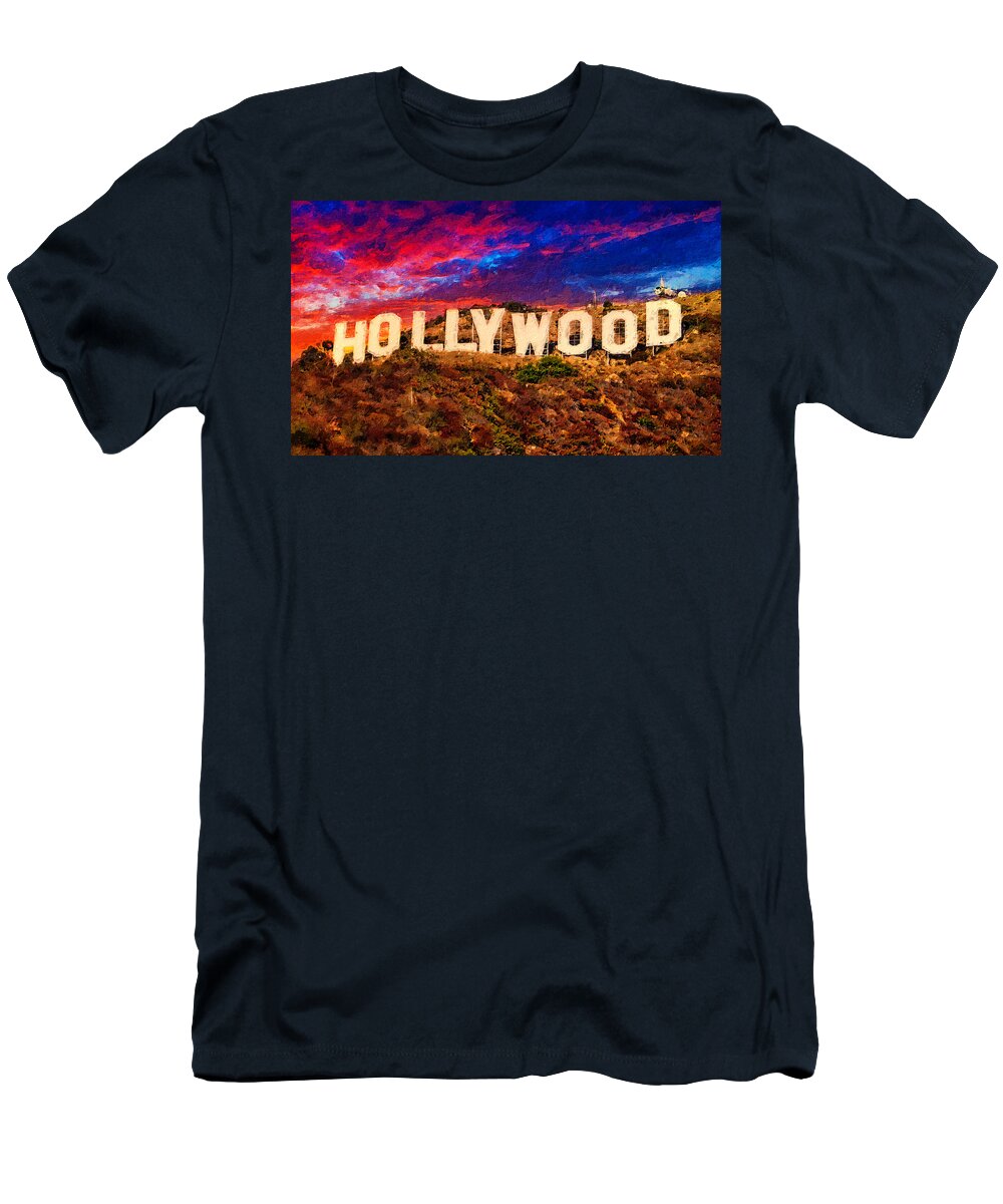 Hollywood T-Shirt featuring the digital art Hollywood sign in the sunset light with a dramatic sky - digital painting by Nicko Prints