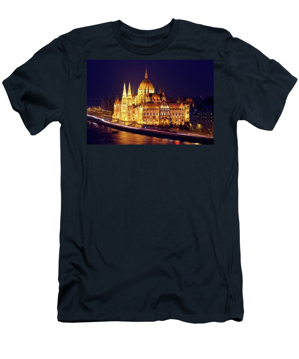 Architecture T-Shirt featuring the photograph Hungarian Parliament, Budapest At Night by Douglas Taylor