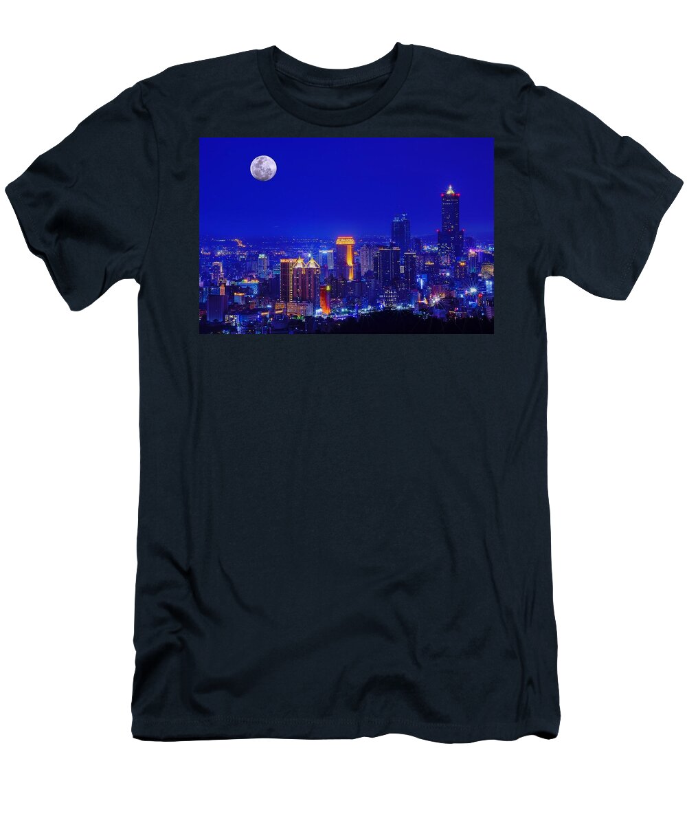 Lunar T-Shirt featuring the photograph Kaohsiung Taiwan urban skyline at night taken in 2018 by Mona Master Art