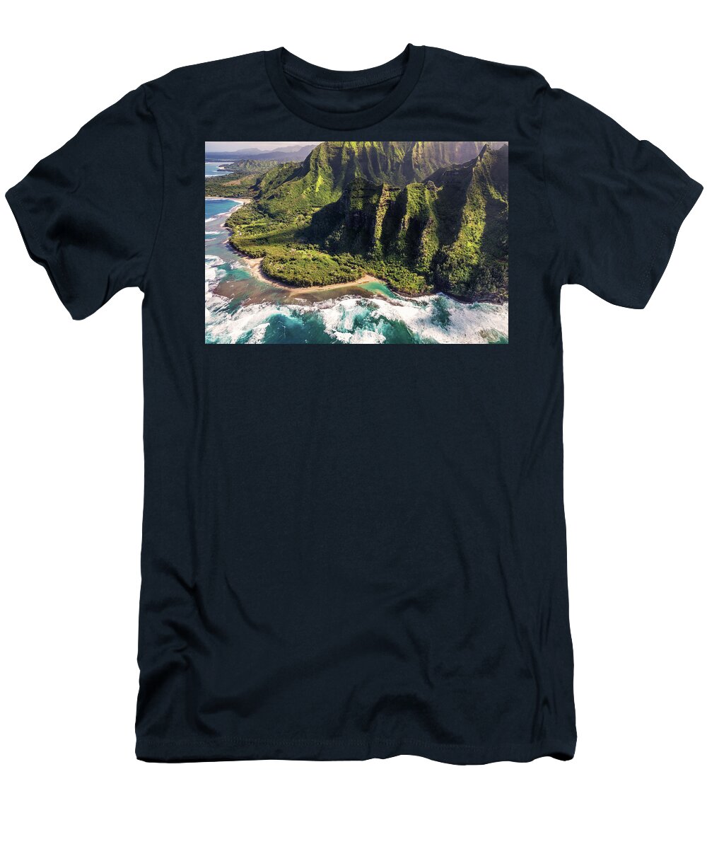 Kauai T-Shirt featuring the photograph Ke'e Beach from a doors off helicopter tour by Pierre Leclerc Photography