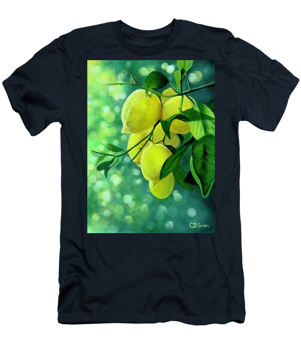 Lemon T-Shirt featuring the painting Lemons in Golden Embrace by Caroline Swan