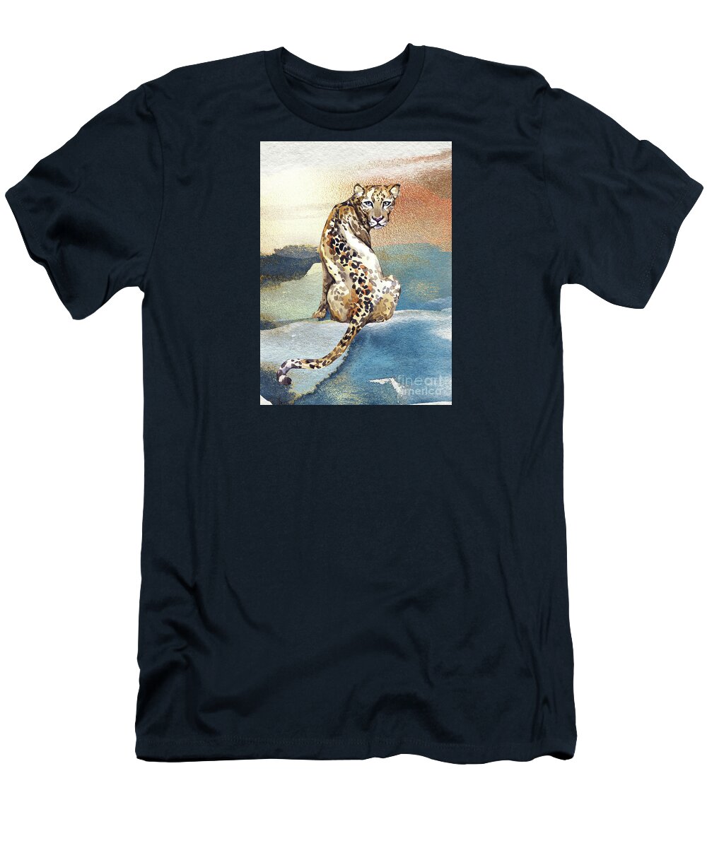 Leopard T-Shirt featuring the painting Leopard Watercolor Animal Art Painting by Garden Of Delights