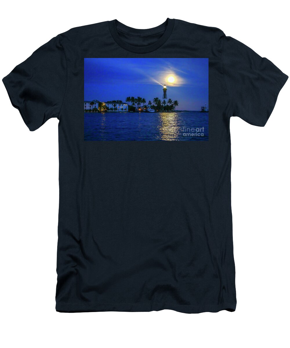 Lighthouse T-Shirt featuring the photograph Light Beams and Moonrise by Tom Claud