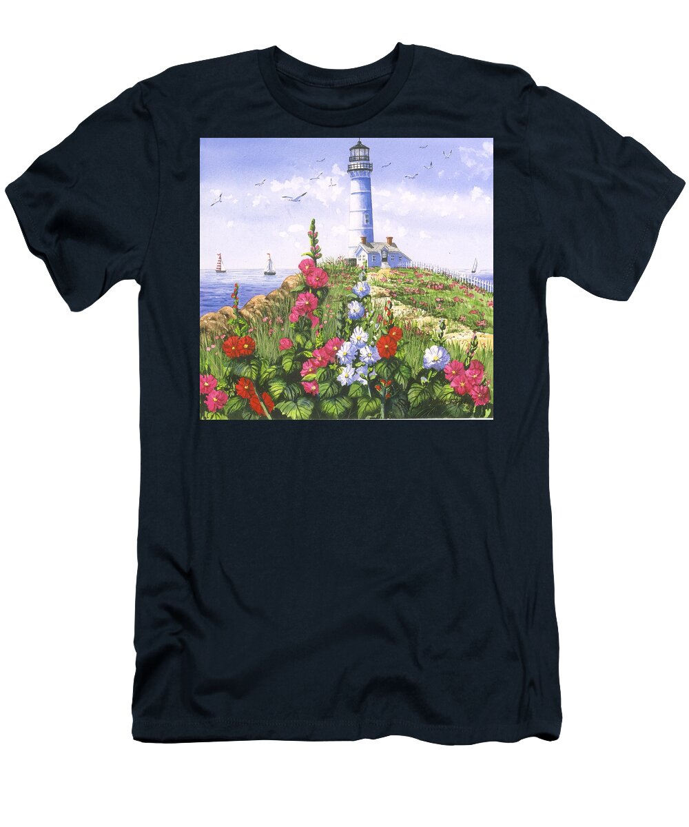 Lighthouse T-Shirt featuring the painting Lighthouse and Hollyhocks by Diane Phalen