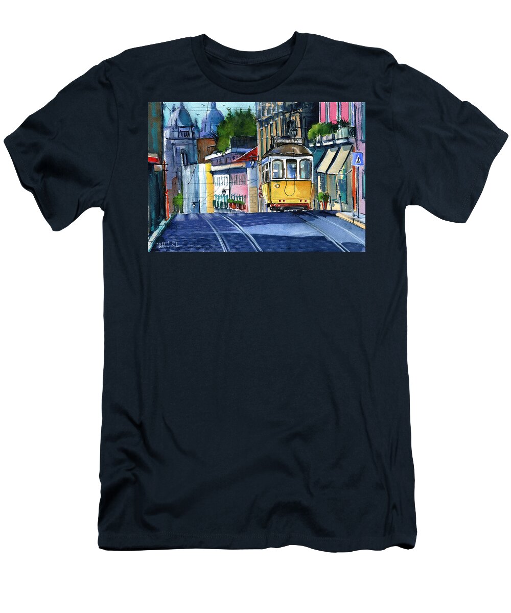 Portugal T-Shirt featuring the painting Lisbon Yellow Tram 28 by Dora Hathazi Mendes