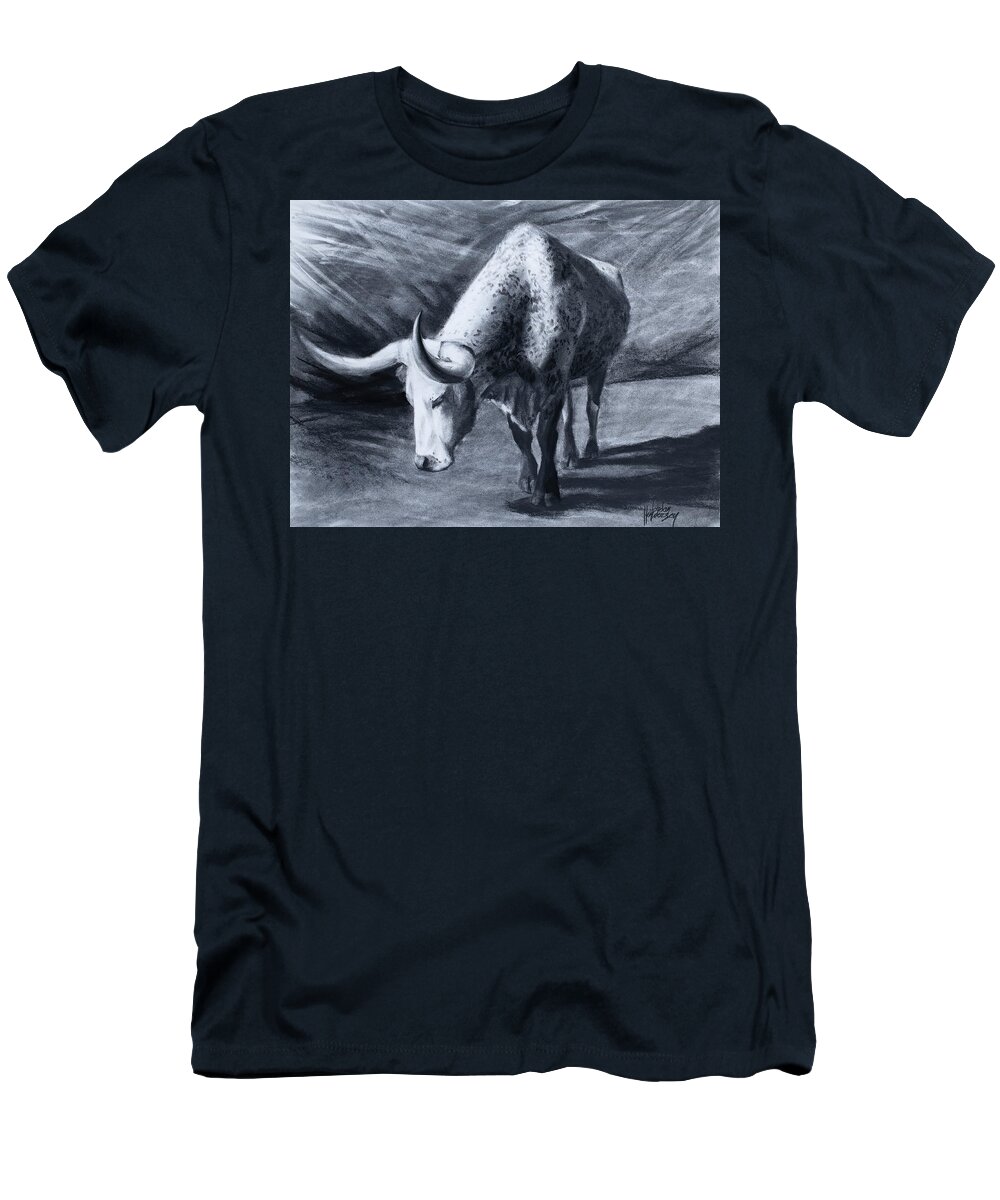 Cow T-Shirt featuring the drawing Longhorn Cow Approaching by Jordan Henderson