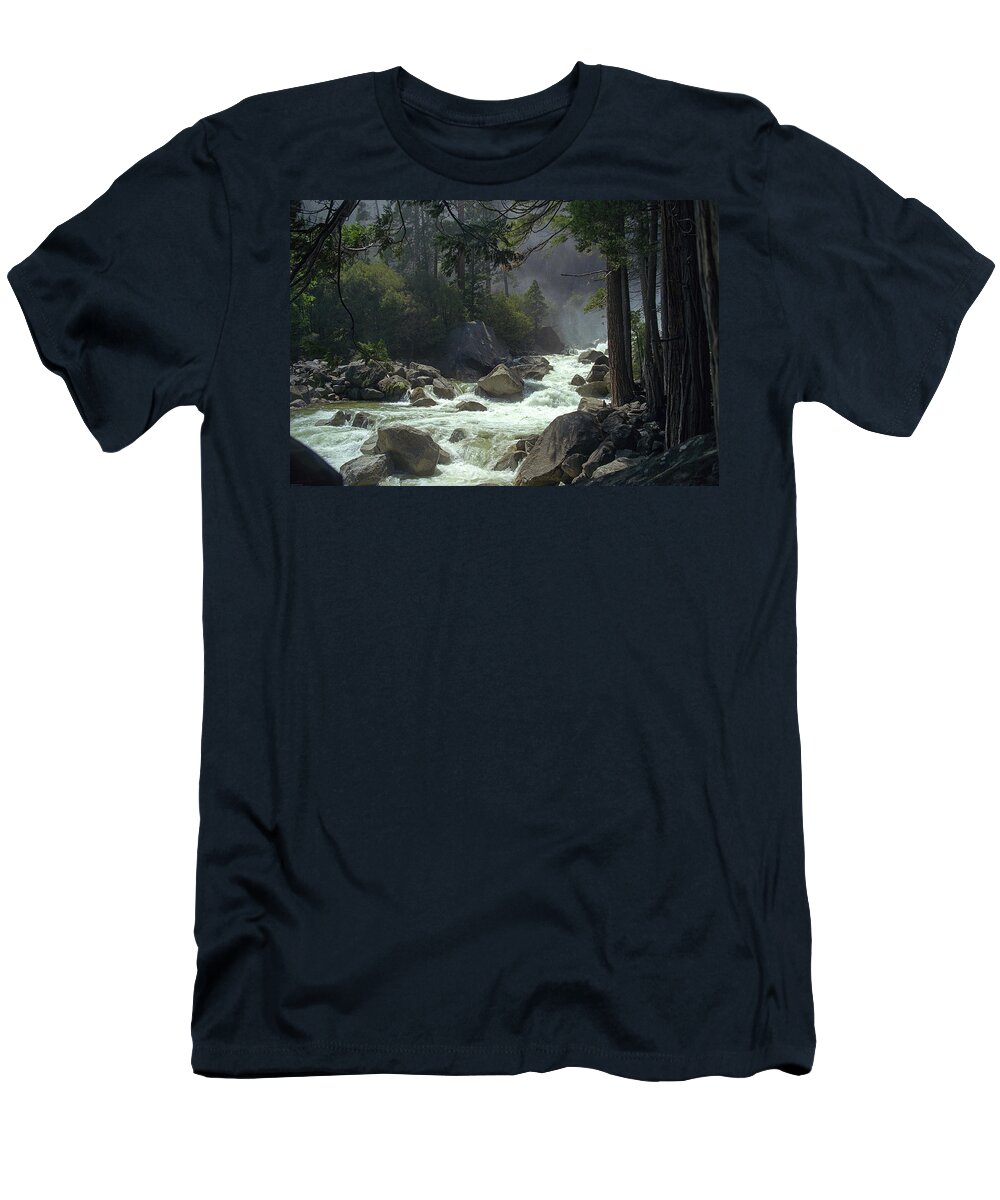 Inspirational T-Shirt featuring the photograph Lower Yosemite Falls - Bridgeside - Yosemite National Park, Yosemite, California by Bonnie Colgan