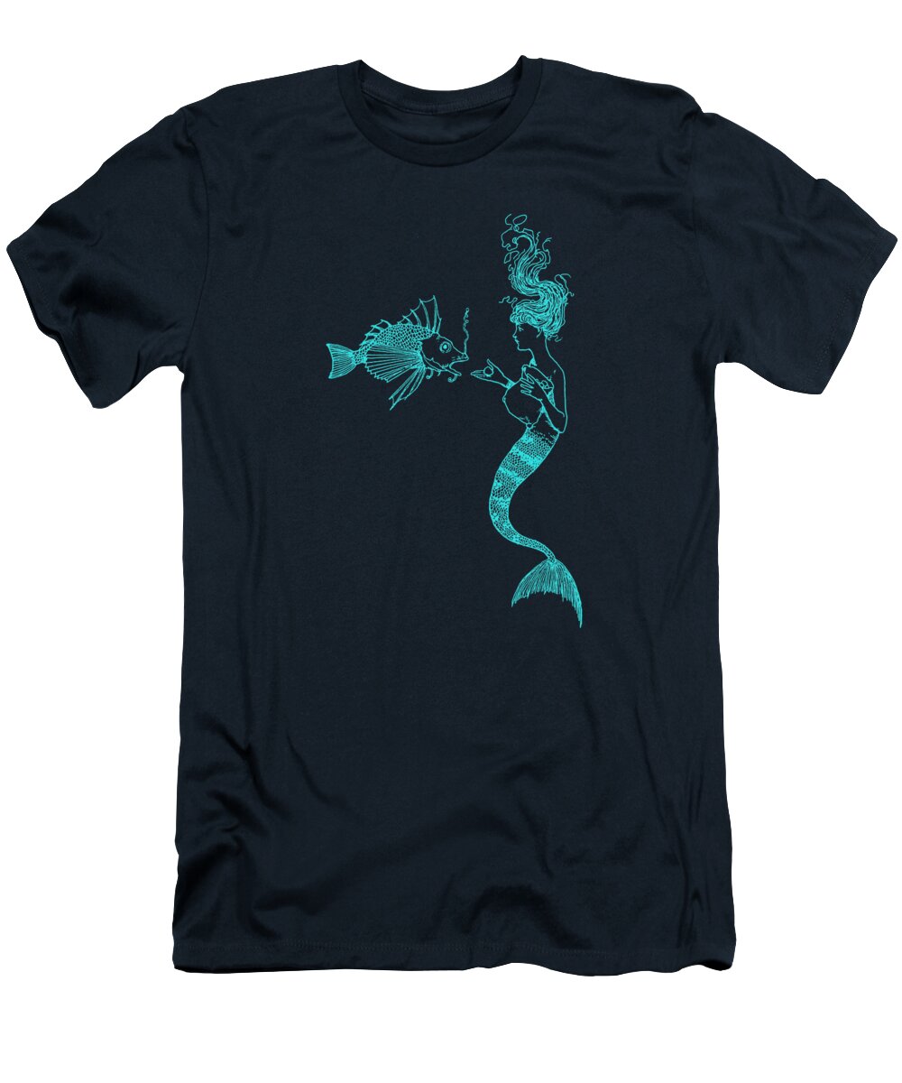 Mermaid T-Shirt featuring the digital art Mermaid With Fish Line Art by Madame Memento