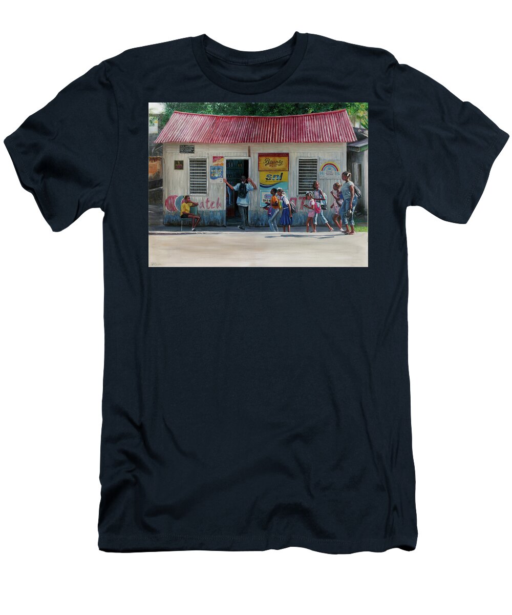 Caribbean T-Shirt featuring the painting Miss Helen's Shop by Jonathan Gladding