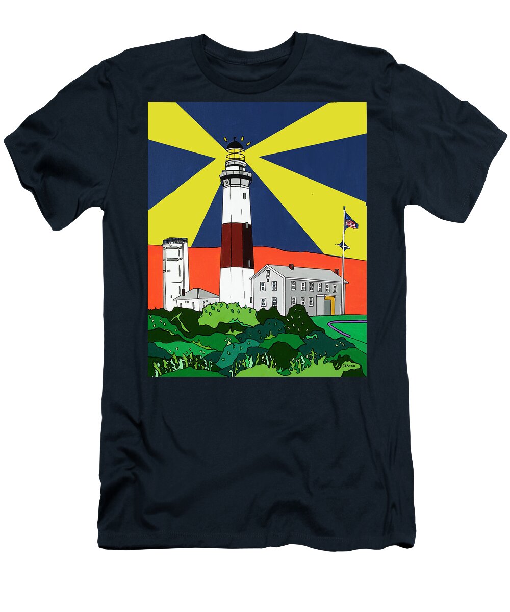 Montauk Point Lighthouse Longisland Eastend T-Shirt featuring the painting Montauk Light House by Mike Stanko