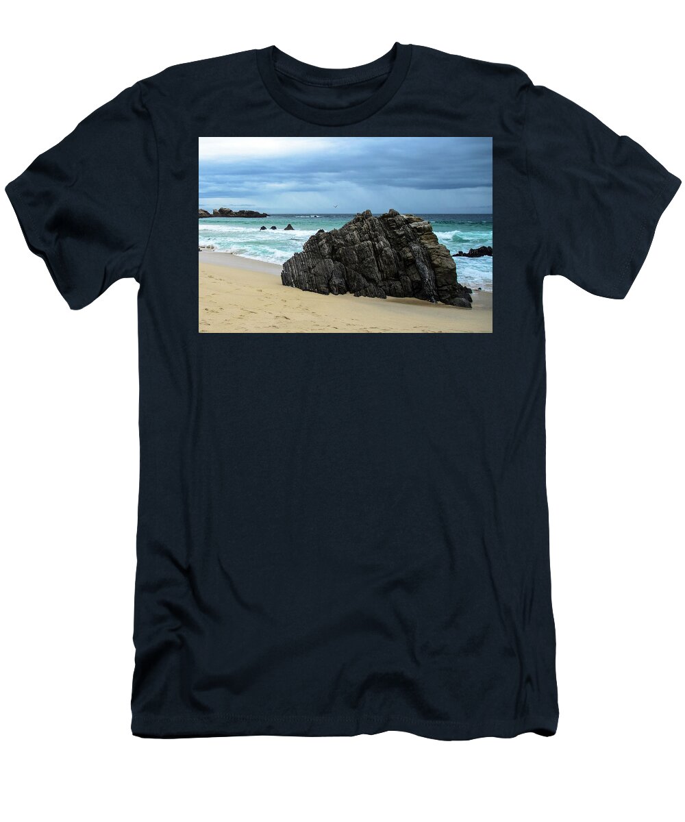 Big Sur T-Shirt featuring the photograph Moody Beach Sky with Rock by Matthew DeGrushe