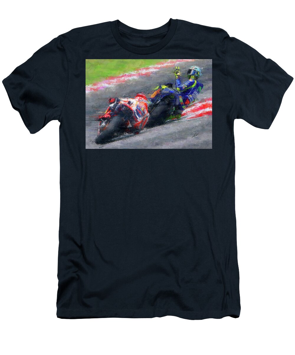 Motorcycle T-Shirt featuring the painting MOTO GP Rossi vs Marquez by Vart by Vart