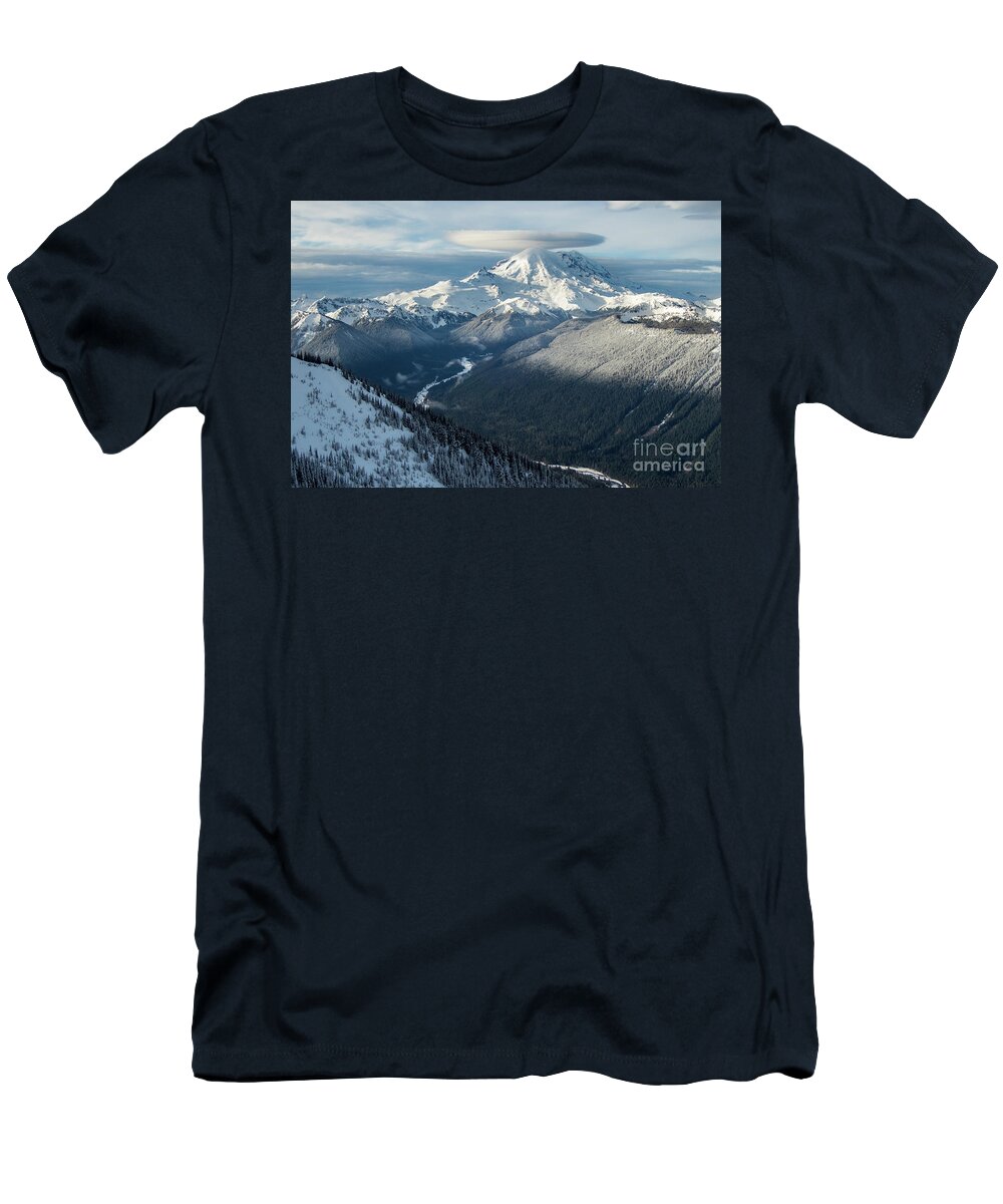 Mount Rainier T-Shirt featuring the photograph Mount Rainier with Lenticular Cloud and White River Valley by Nancy Gleason
