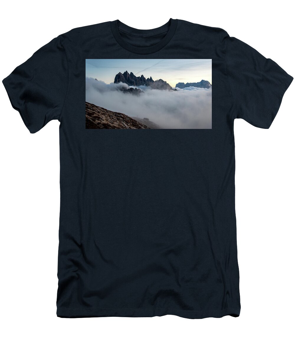 Dolomiti T-Shirt featuring the photograph Mountain landscape with mist, at sunset Dolomites at Tre Cime Italy. by Michalakis Ppalis