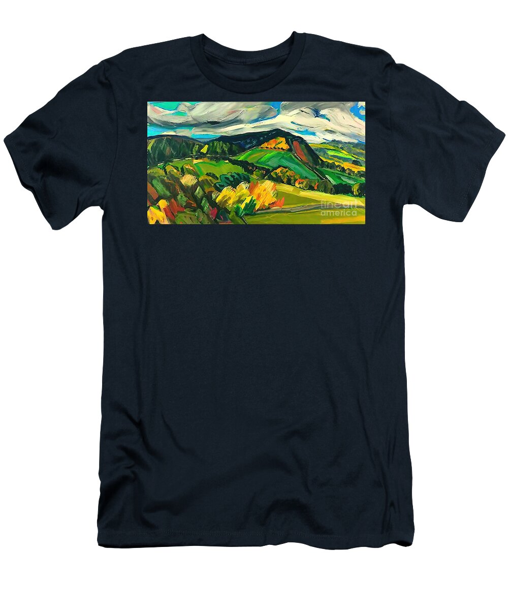 Mountain Panorama T-Shirt featuring the painting Mountain panorama at Trambach Painting mountain panorama golden autumn depth of space bright day clouds in the sky autumn autumnal background backyard clouds creek evergreen farm filtered fog foggy by N Akkash