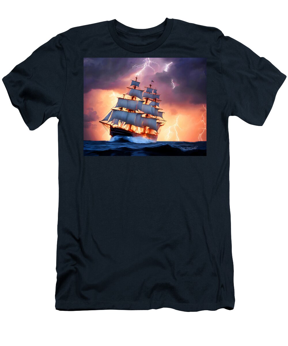 Ship T-Shirt featuring the mixed media Navigating the Storm by Pennie McCracken
