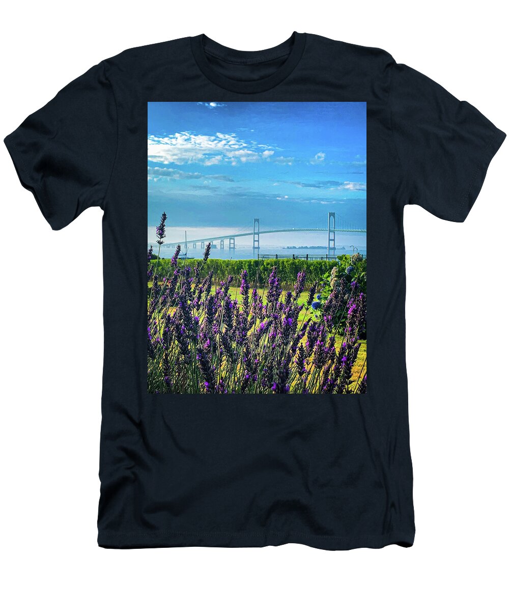 Jamestown T-Shirt featuring the photograph Newport Bridge through lavender by Jim Feldman
