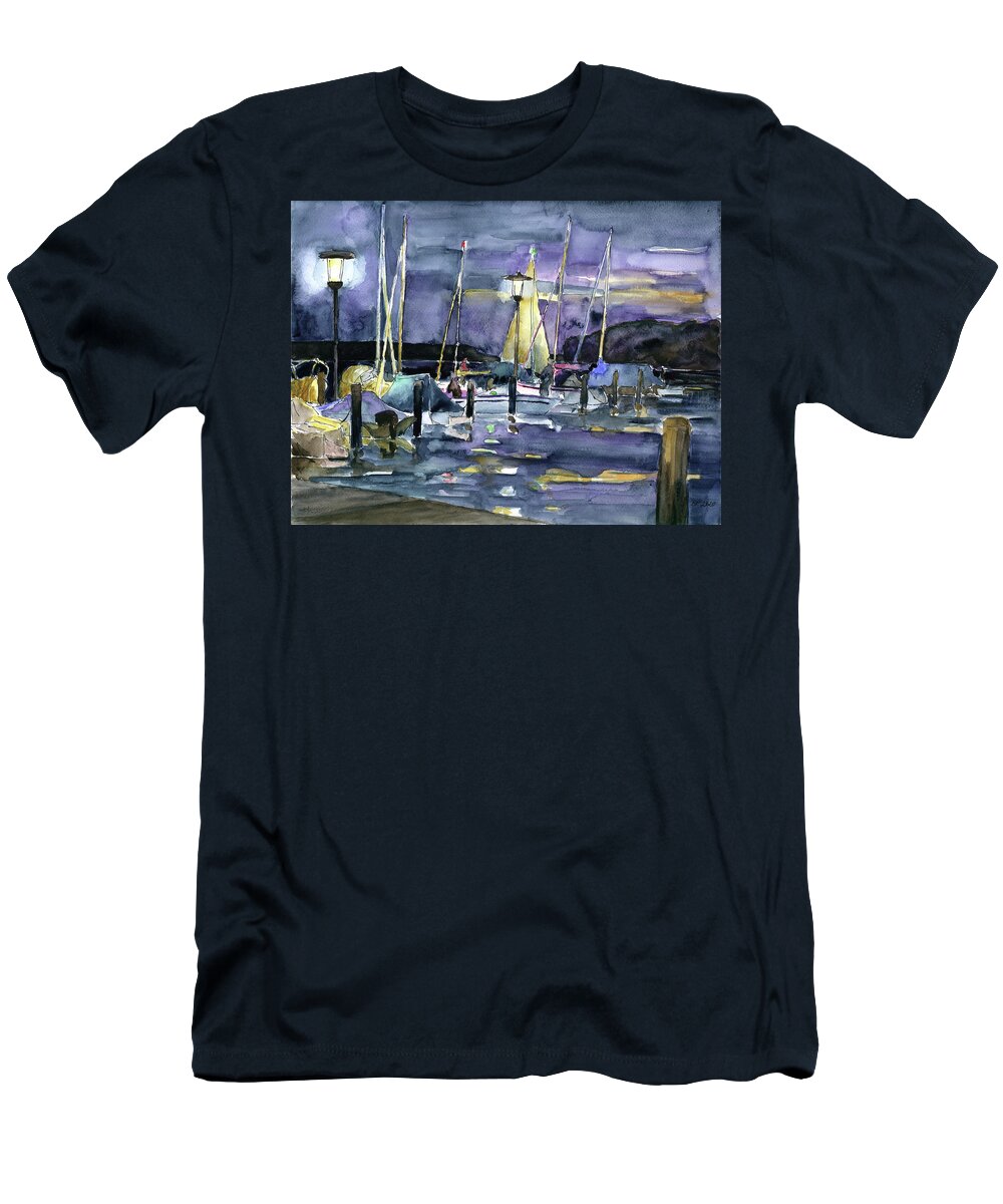 Watercolorpainting T-Shirt featuring the painting Night At The Marina by Barbara Pommerenke