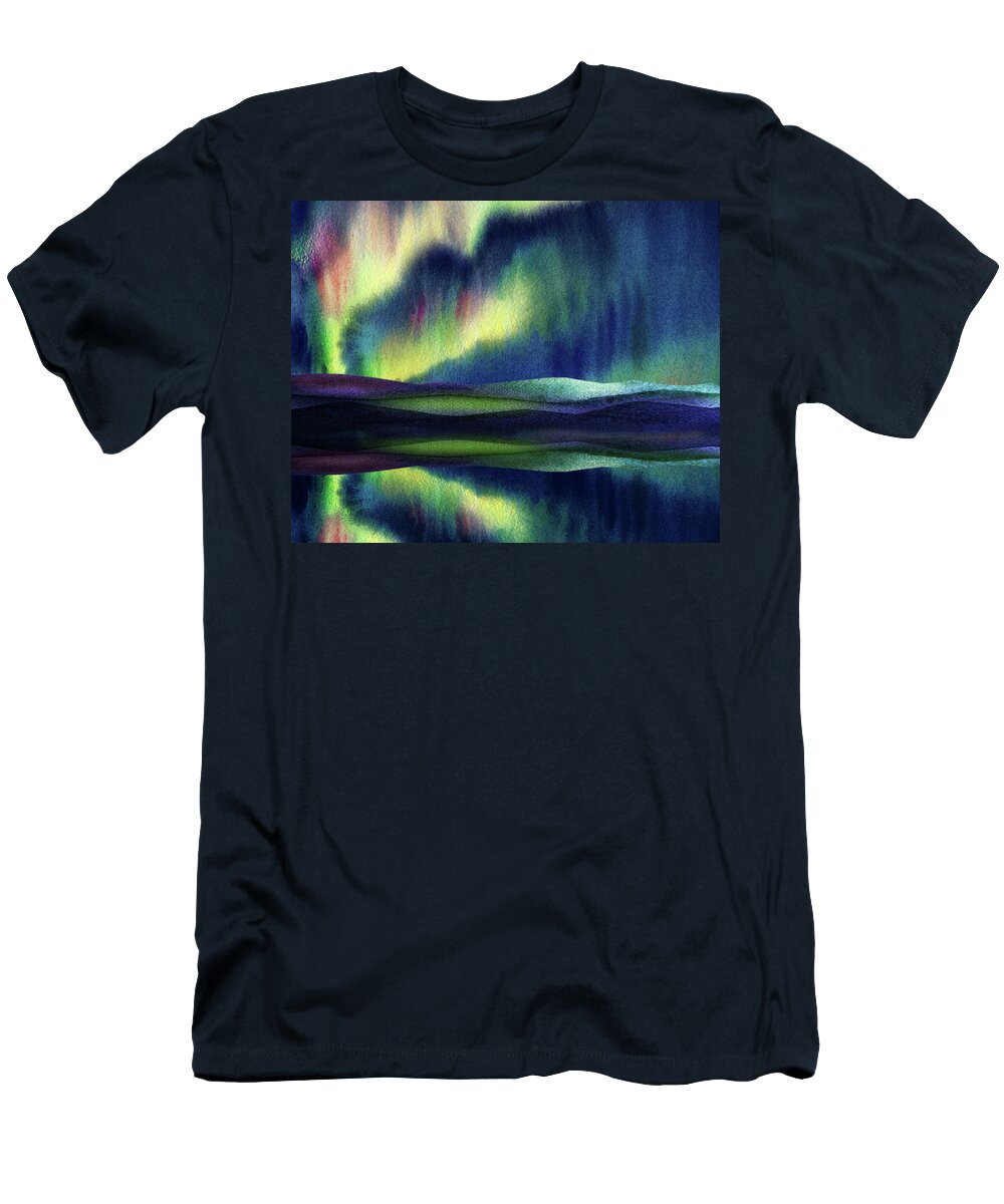 Aurora Borealis T-Shirt featuring the painting Northern Lake With Aurora Borealis Reflections Painting I by Irina Sztukowski