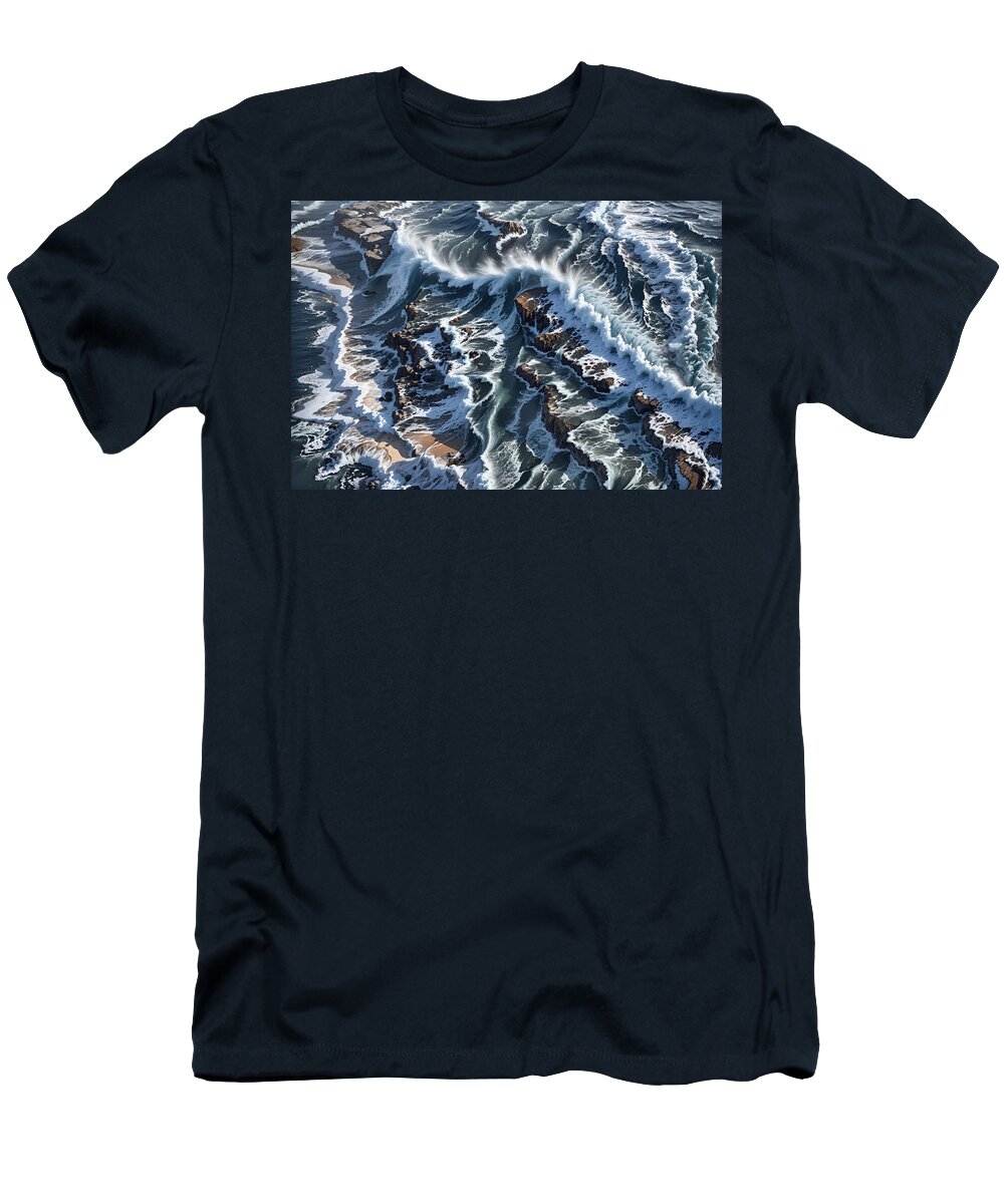 Ccitypictures T-Shirt featuring the digital art Ocean Waves Crashing over Rocks by Mark Greenberg