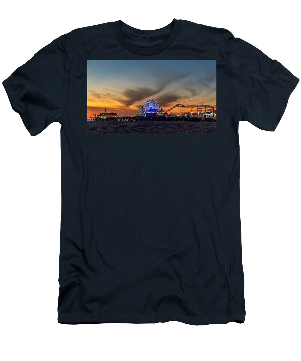 Santa Monica Pier T-Shirt featuring the photograph Orange Glow At Dusk by Gene Parks