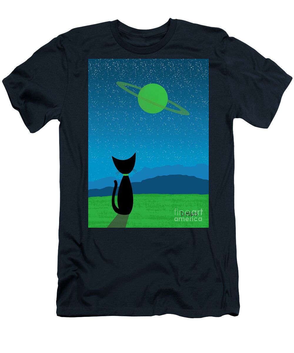  T-Shirt featuring the digital art Outer Space Cat Admires Ringed Planet 3 by Donna Mibus