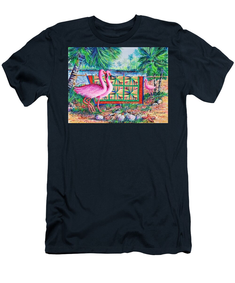 Palm Quilt T-Shirt featuring the painting Palm Quilt Flamingos by Diane Phalen
