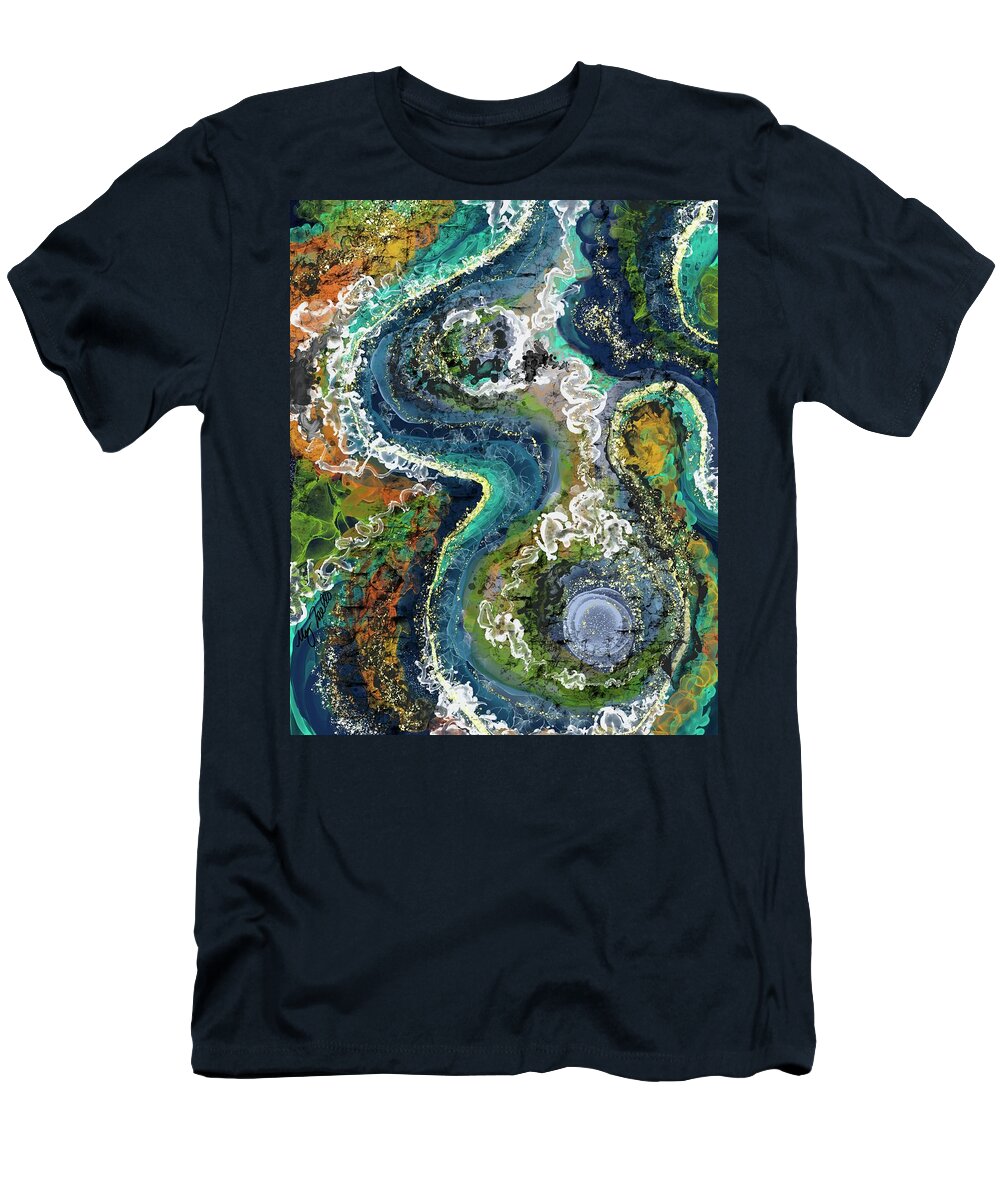 Paradise Agate Geode Earth Crystal Layers Minerals Stone Elements Land Water World Rivers Streams Golden Flecks Clouds Colorful Lost Wander Wonder Explore Create Believe Love Natural Organic T-Shirt featuring the painting Paradise Agate by Megan Torello