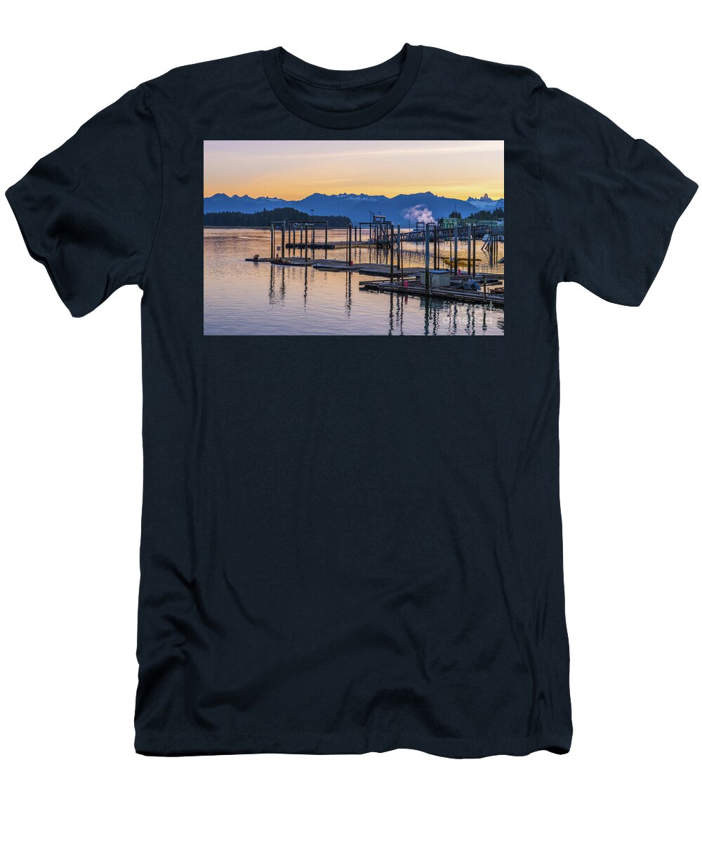 Alaska T-Shirt featuring the photograph Petersburg Alaska Seaplane Dock Sunrise by Mike Reid